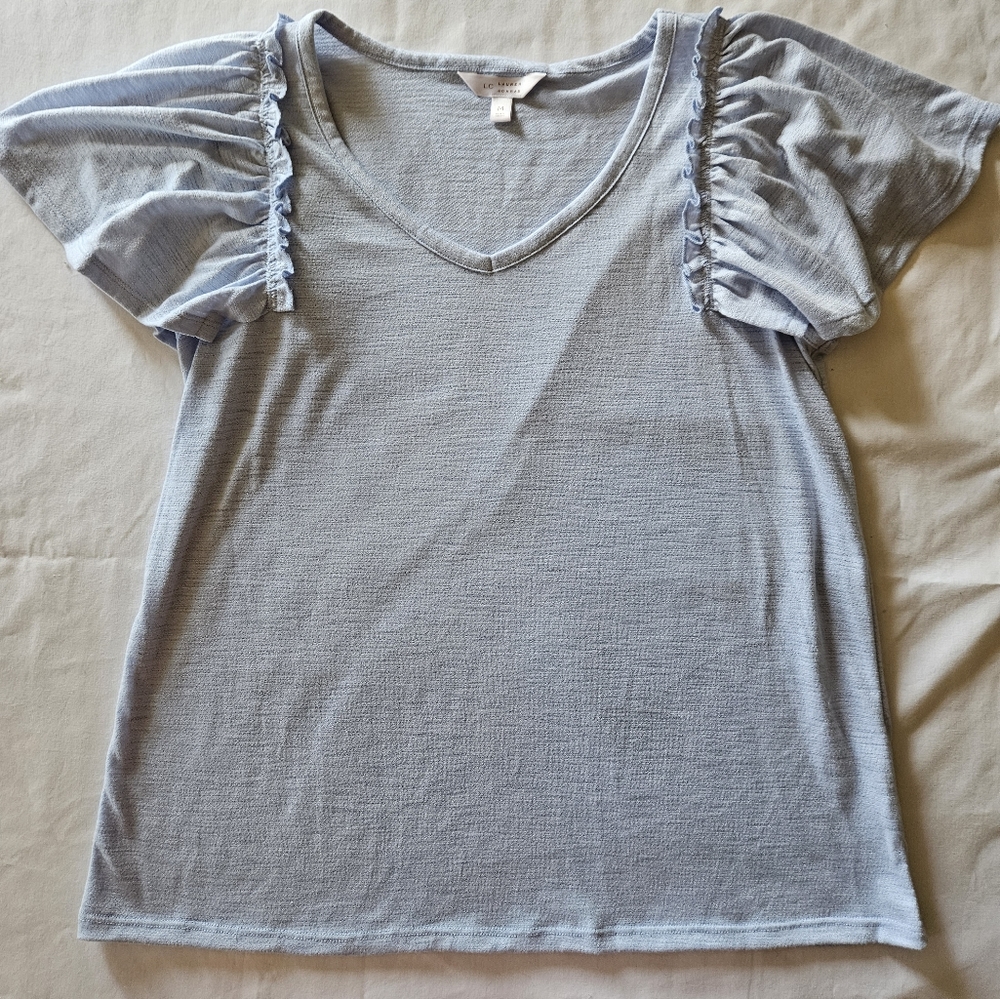 Light blue Lauren Conrad flutter sleeve, ruffle detail top, size medium